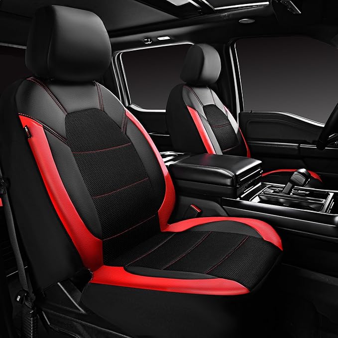 CAR PASS Universal Leather car seat Covers Sport fits Most Cars, SUVs, Trucks, and Vans (Full Set, Black Red)