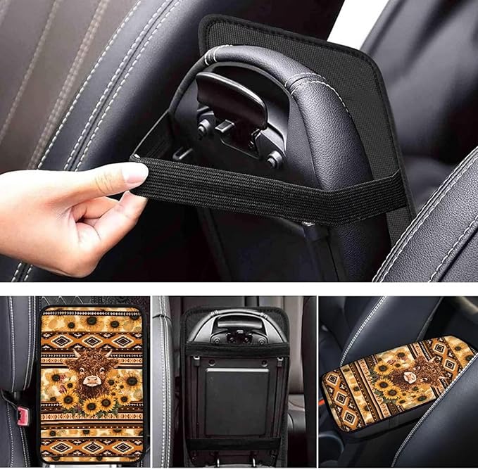 UNICEU Aztec Highland Cow Sunflower Print Car Accessories Soft Comfy Armrest Cover Pad Car Center Console Armrest Protector Covers Universal Fit Trucks SUV Van