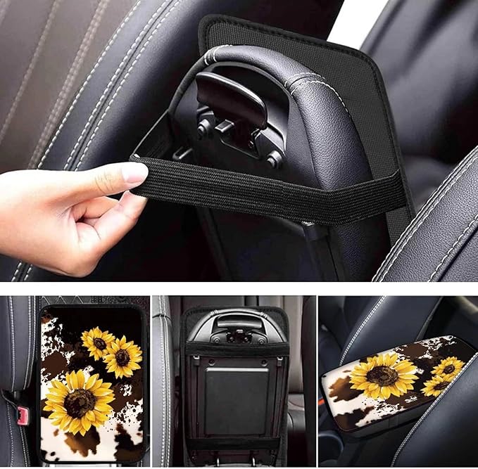 Dreaweet Sunflower Brown Cow Print Center Console Cover Cute Car Accessories for Women Car Armrest Cover Cushion Soft Comfy Car Arm Rest Cover Pad Universal for Most Vehicles