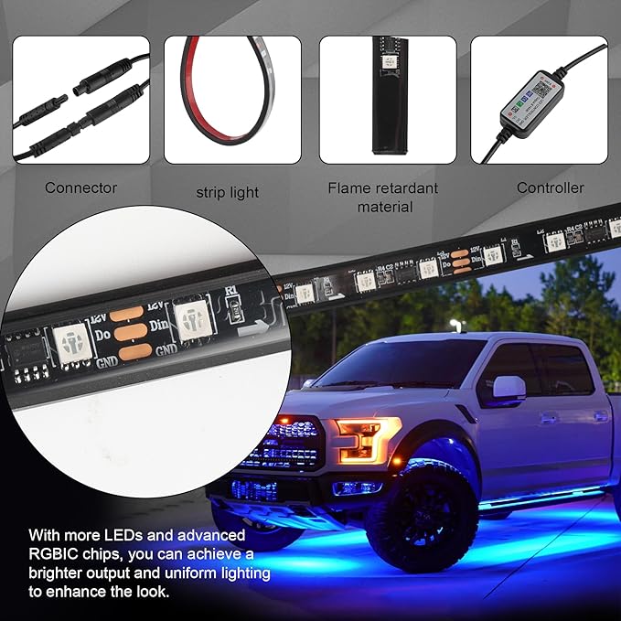 Livtee Underglow LED Lights Kit, RGB Strip Lights with App Control for Music and DIY Modes, Under Glow Kit for Cars, Vans, SUVs, and Trucks