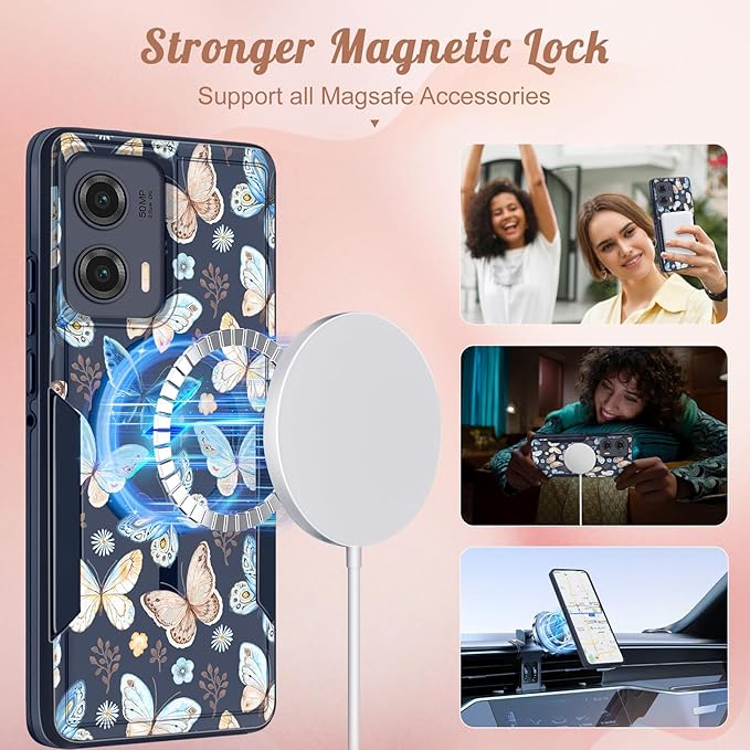for Moto Edge 2024 Case - Compatible with MagSafe Women Girls Cute Magnetic Protective Phone Cover Kawaii Girly Blue Butterfly Heavy Duty Shockproof Design for Motorola Moto Edge 2024 Cases