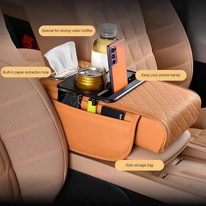 Zpana Car Center Console Armrest Pillow, Memory Foam Leather 4 in 1 Vehicle Arm Rest Cover with Tissue Box 2 Side Storage Bag Cup & Phone Holder, Auto Armrest Cushion, Universal Fit (Black)