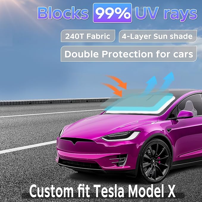 Sun Shade Sunshade for Tesla Model X 2016-2025 2026 Windshield Cover, 4-Layers Sun Shield 250T Silver Sun Visor Foldable Front Window Shade Blocks UV Rays Car Accessories
