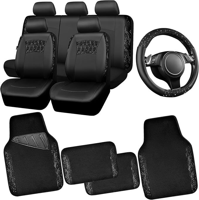 CAR PASS Universal Black Leather Lace Car Seat Covers Full Set for Women Girls,Waterproof Car Floor Mats Carpet,Glitter Steering Wheel Cover for Cars Accessories Interior Sets (Black)