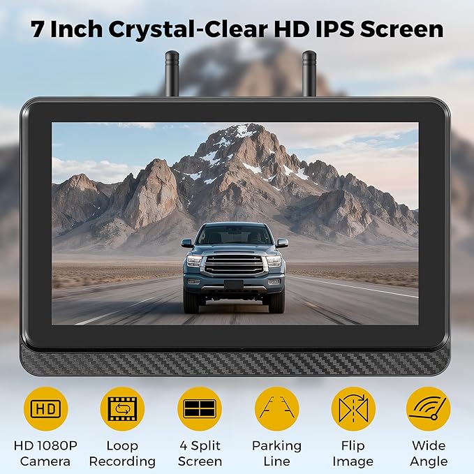 Wireless Backup Camera for Truck RV, HD IPS 7" Monitor, Digital Wireless Camera System + IP69 Waterproof IR Night Vision, 10-Min Easy Install, 1080P Rear View Camera for Car, Van, Trailer and Camper