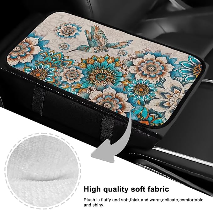 Hummingbird Armrest Cover for Car Elastic Car Center Console Cushion Pad Full Coverage Mandala Interior Accessories Prevent Scratching Universal Size Seat Arm Rest Cover
