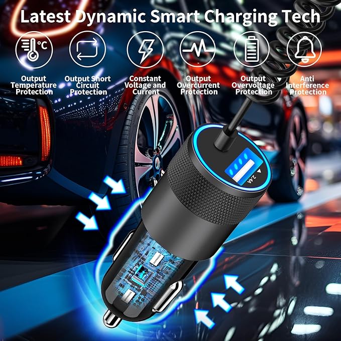 【Apple MFi Certified】iPhone 17 Car Charger Fast Charging, Caiinei 4.8A USB Power Cigarette Lighter USB C Car Charger + 6FT Type C Coiled Cord for iPhone 17/17 Air/17 Pro Max/16/15/Galaxy S25/S24/Pixel