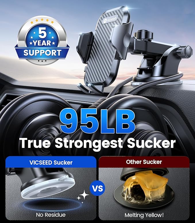 VICSEED 2026 Ultimate Sturdy Car Phone Holder [Upgraded 95+LBS Strongest Suction] Universal Long Arm Cellphone Mount for Car Dashboard Windshield Vent Truck Boat for iPhone 17 16 Pro Max & Android