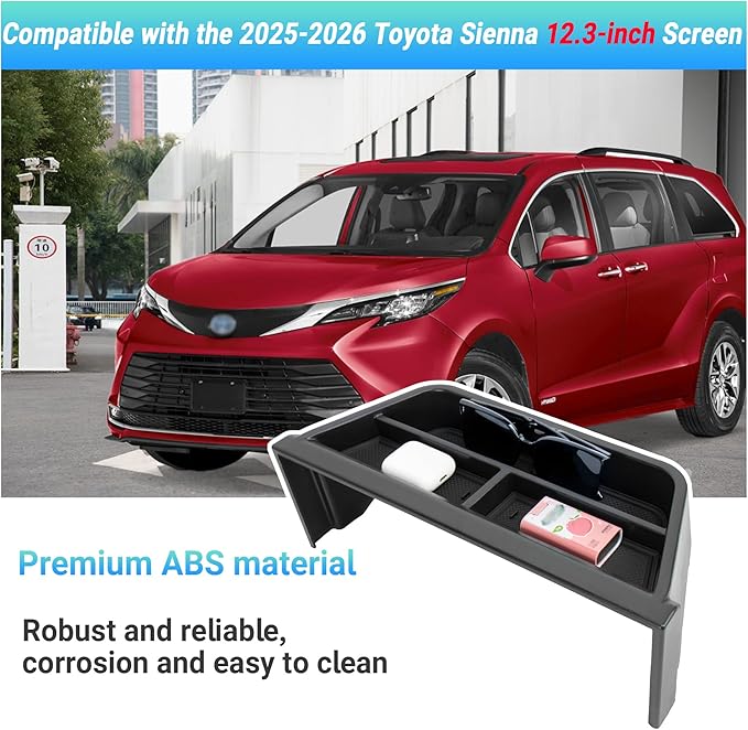 Center Console Organizer Dashboard Tray Compatible with 2025-2026 Toyota Sienna 12.3-inch Screen Interior Accessories, Dashboard Storage Organizer Box with Sunglasses Holder