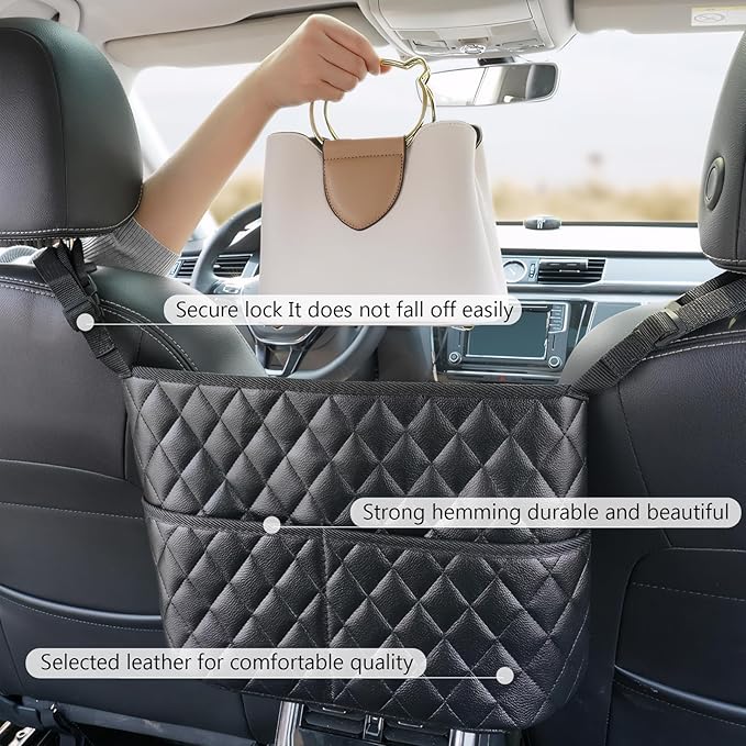 braxan Car Purse Holder Between Seats, Large Capacity Purse Holder for Car, Storage Bag for Backseat Pet Kid Barrier, Universal for SUV, Truck, RV (Black)