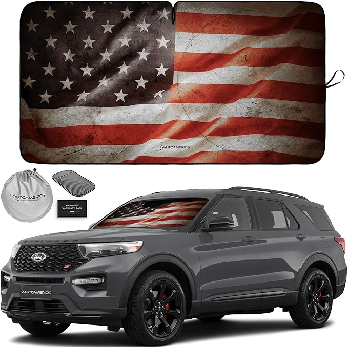 Autoamerics 1-Piece Windshield Sun Shade Grunge American Flag - 1 USA Design - Foldable Car Front Window Sunshade for Most Sedans SUV Truck - Blocks Max UV Rays and Keeps Your Vehicle Cool - Medium