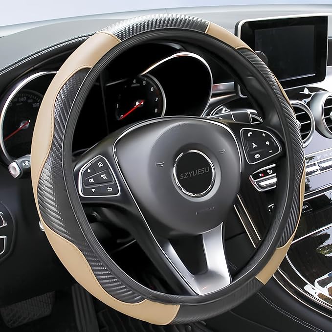 Car Steering Wheel Cover, 15 inch Microfiber Leather Carbon Fiber Soft Anti-Slip Breathable, Universal Size Elastic Car Accessory for Most Cars (Beige)