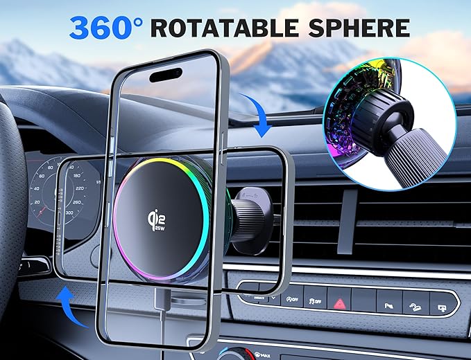 25W MagSafe Compatible Car Mount Charger with Air-Cooled, 3500gf Magnetic Phone Holder for iPhone and Android, Dash Air Vent with Rainbow Ambient Light Valentines Day Gifts
