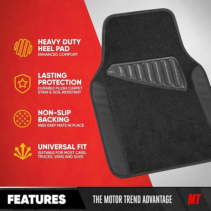 Motor Trend Waterproof Car Floor Mats Universal Fit Car Mats with Driver Heel Pad Leather Car Carpet Floor Mats for SUV Van Sedan Truck Anti-Slip Backing Carpet Mats Black/Black