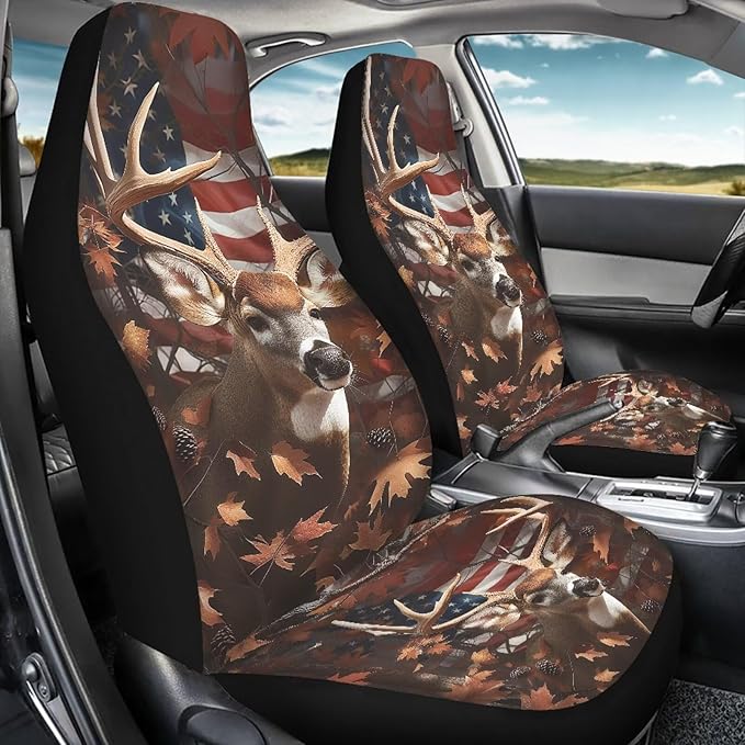 KEIAHUAN American Flag Deer Car Seat Covers for SUV/Sedan/Truck/Van Universal Fit Front and Rear Split Bench Seat Cover Set Soft and Stretchy Auto Interior Accessories Decoration