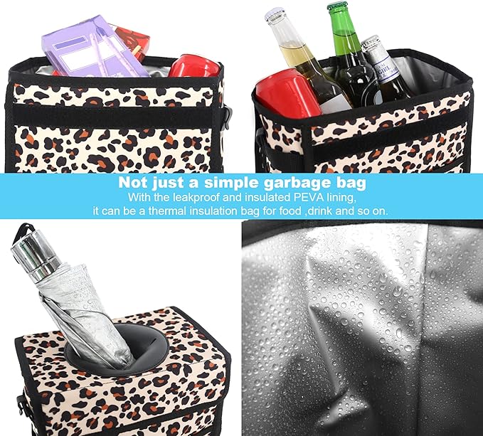 Femuar Leak Proof Car Trash Bag Large Capacity Waterproof Garbage Can with Lid for SUV Leopard Print
