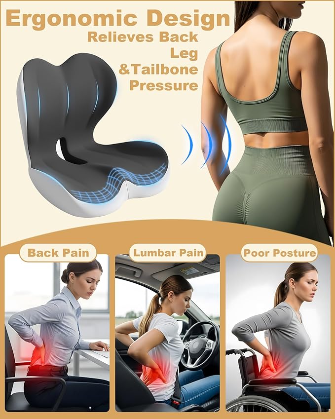 Lumbar Support Seat Cushion, Memory Foam Ergonomic Cushion for Sciatica, Hip & Tailbone Pain Relief – Office Chair, Car Seat, Gaming Chair for Long Hours Sitting & Drivers