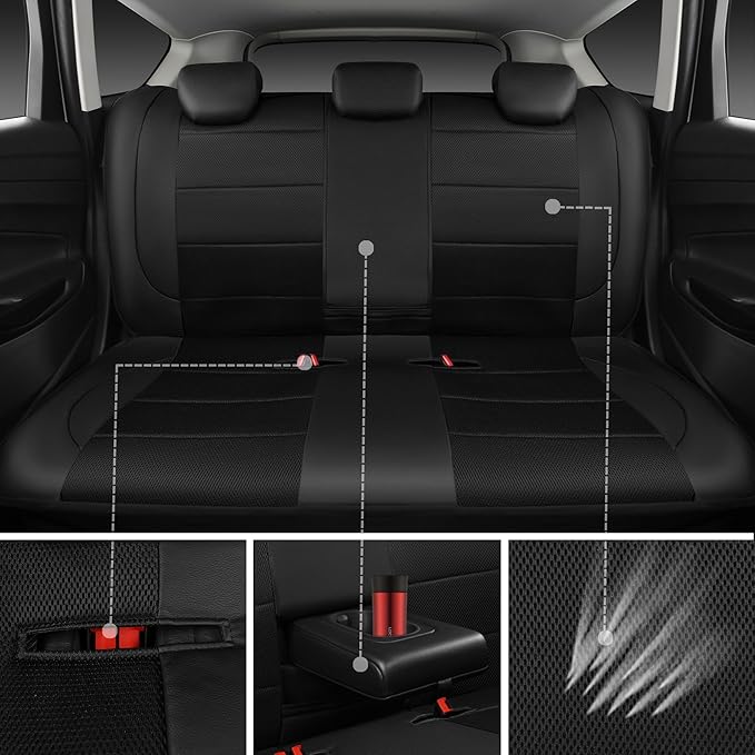 CAR PASS Leather Back Seat Cover, Breathable Mesh Universal Bench Seat Cover, Super 5mm Composite Sponge Inside, Airbag Compatible Fits Most Automotive, Cars, SUVs, Trucks, and Vans (Rear, Black)