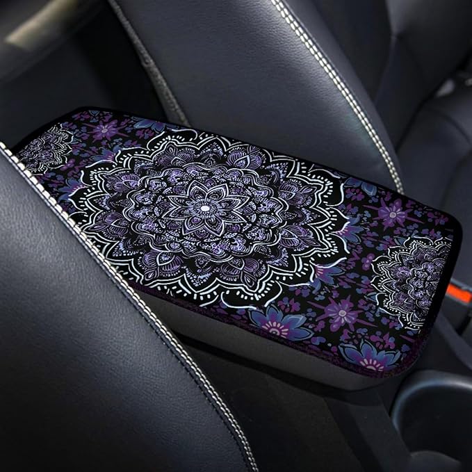 Boho Mandala Flower Print Car Center Console Armrest Cover Dust-Proof Universal Armrest Box Cover Center Console Pad for Truck Sedan SUV, Easy to Install, Purple