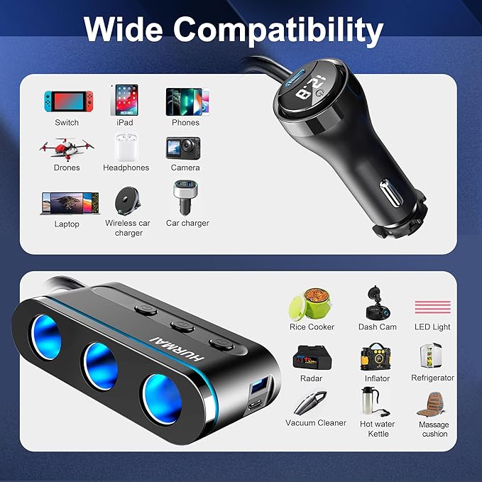 Cigarette Lighter Splitter,3 Socket Cars Cigarette Lighter Adapter,Heavy Duty Truck USB Chager Multi Port with PD30W/QC3.0 USB C 12/24V Car Plug Outlet with LED Voltage Display Independent Switches