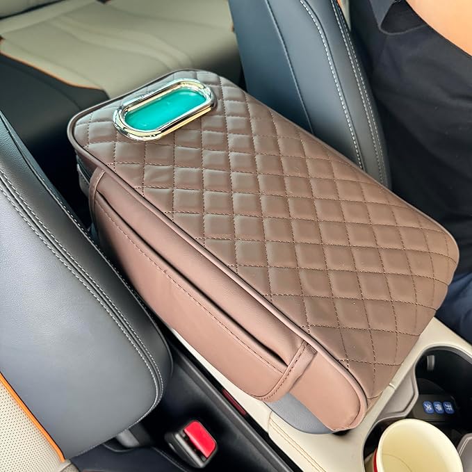 Upgraded Multi-Functional Car Center Console Cover, PU Leather Armrest Pad Cushion with Memory Foam Cushion, 2 Storage Pockets, Tissue Box Hole for Sedan Vehicles, 7 Colors (Coffee)