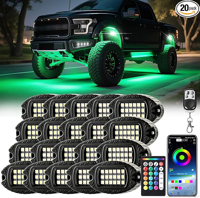 20 Pods Alloy RGBW LED Rock Lights for ATV UTV Golf Cart RZR Semi Truck RV Offroad SUV Cars, Upgraded RGB Waterproof Multicolor Neon Underglow Light with APP/RF Remote Music Mode, Underbody Lighting