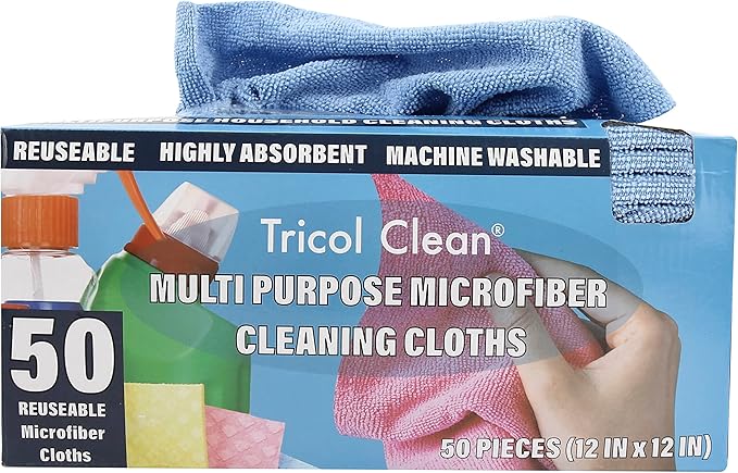 Tricol Clean 50PK Profesional Resuable Lint Free Microfiber Edgeless Cleaning Cloth Cleaning Rags,Absorbent Microfiber Wipes for Housekeeping, Car Cleaning(12 * 12 Inches) (blue1)