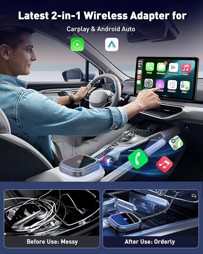 Wireless CarPlay Adapter & Android Auto Dongle, Dual Mode Wired to Wireless Converter, 5.8GHz Fast WiFi, One-Touch Smart Button, Auto-Connect, Plug & Play for Car Stereo