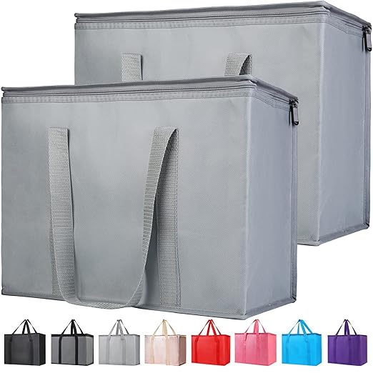 Bodaon 2-Pack Insulated Reusable Grocery Shopping Bags, X-Large Picnic Cooler Bag Top Cold, Grey