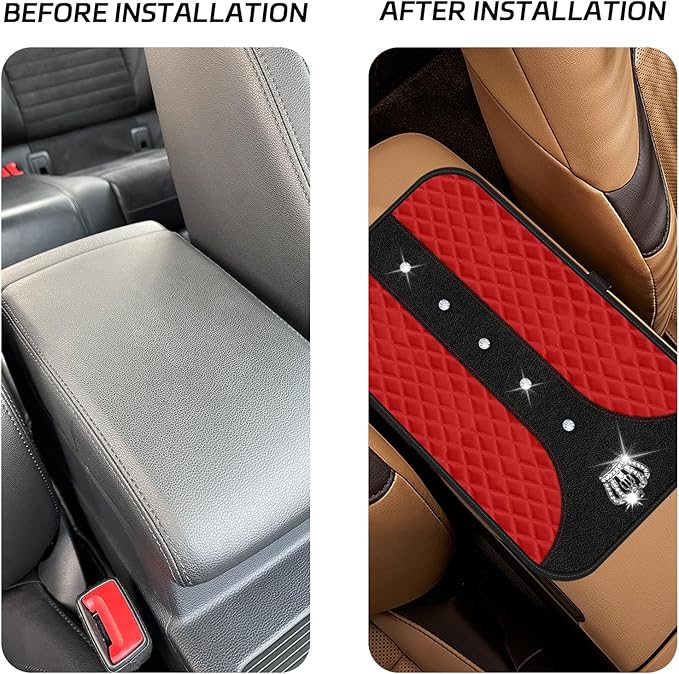 Red Bling Car Console Cover Hot Red Arm Rest Center Console Cushion Pad, Universal Anti-Slip Leather Armrest Box Decor Protector with Crystal Sparkling Rhinestone Car Accessories(Red)