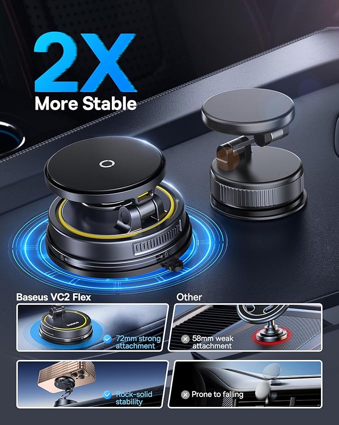 Baseus Vacuum 15W for Magsafe Car Mount Charger, 119LBS Suction Cup 720° Adjustable Magnetic Car Charger Phone Holder, Foldable Cell Phone Holder with Reusable Washable Gel for Car & for 17to13 iPhone