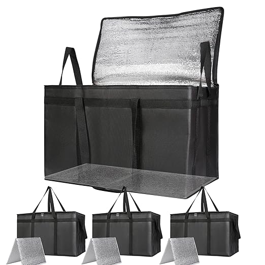 Bodaon 4-Pack Cooler Insulated Food Delivery Bag, Rideshare Delivery Bag, XXX-Large Thermal Bags for Catering/Hot Pizza, Travel/Camping/Picnic/Grocery Reusable Warmer Frozen, Black With Bottom