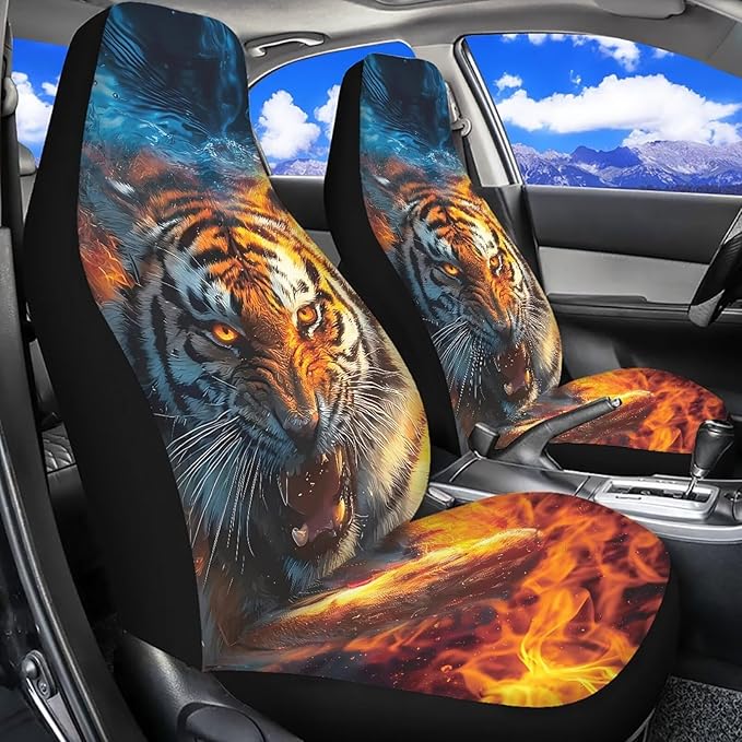 Cool Tiger Car Seat Covers Set of 2 Breathable Universal Vehicle Front Seats Interior Protector Easy to Install Interior Protection Suitable Fits Most Car Auto SUV Sedan
