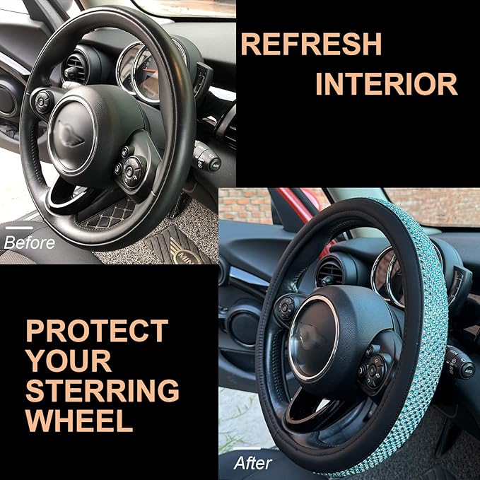PINCTROT Bling Bling Comfy Steering Wheel Cover with Jumbo Crystal Rhinestones, Anti-Slip Diamond Leather, Universal 15 Inch (Sky Blue)