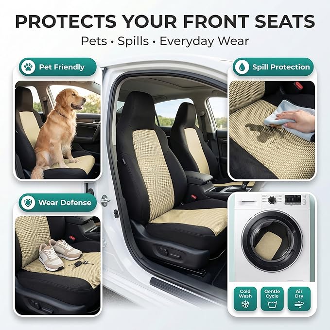 FH Group Automotive Front Car Seat Covers for SUV, Trucks, Sedan and More - Universal Fit Front High Back Design Interior Accessories - 3D Mesh Fabric Center Panel - Beige