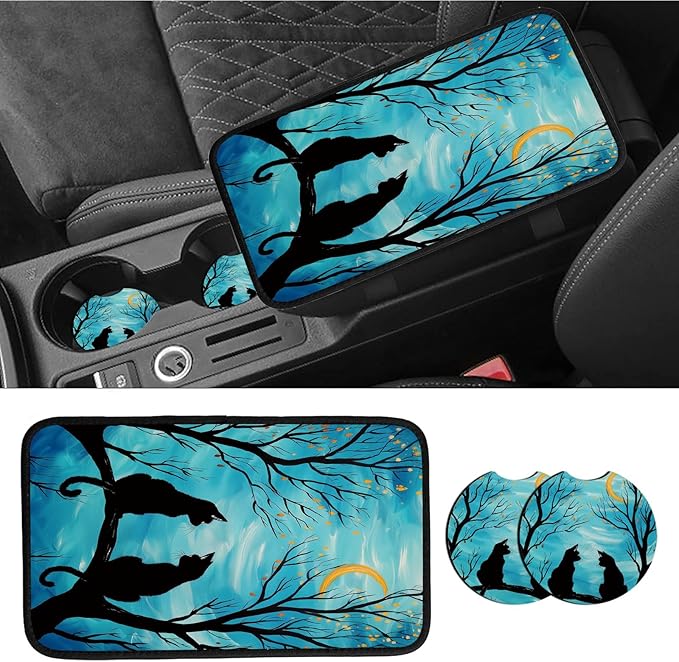 Car Armrest Cover Pads Universal Fashion Cute Auto Center Console Armrest Cover Pad with 2PCS Car Coasters Soft Waterproof Car Armrest Seat Protector for Women, Two Cats Tree Branch Moon