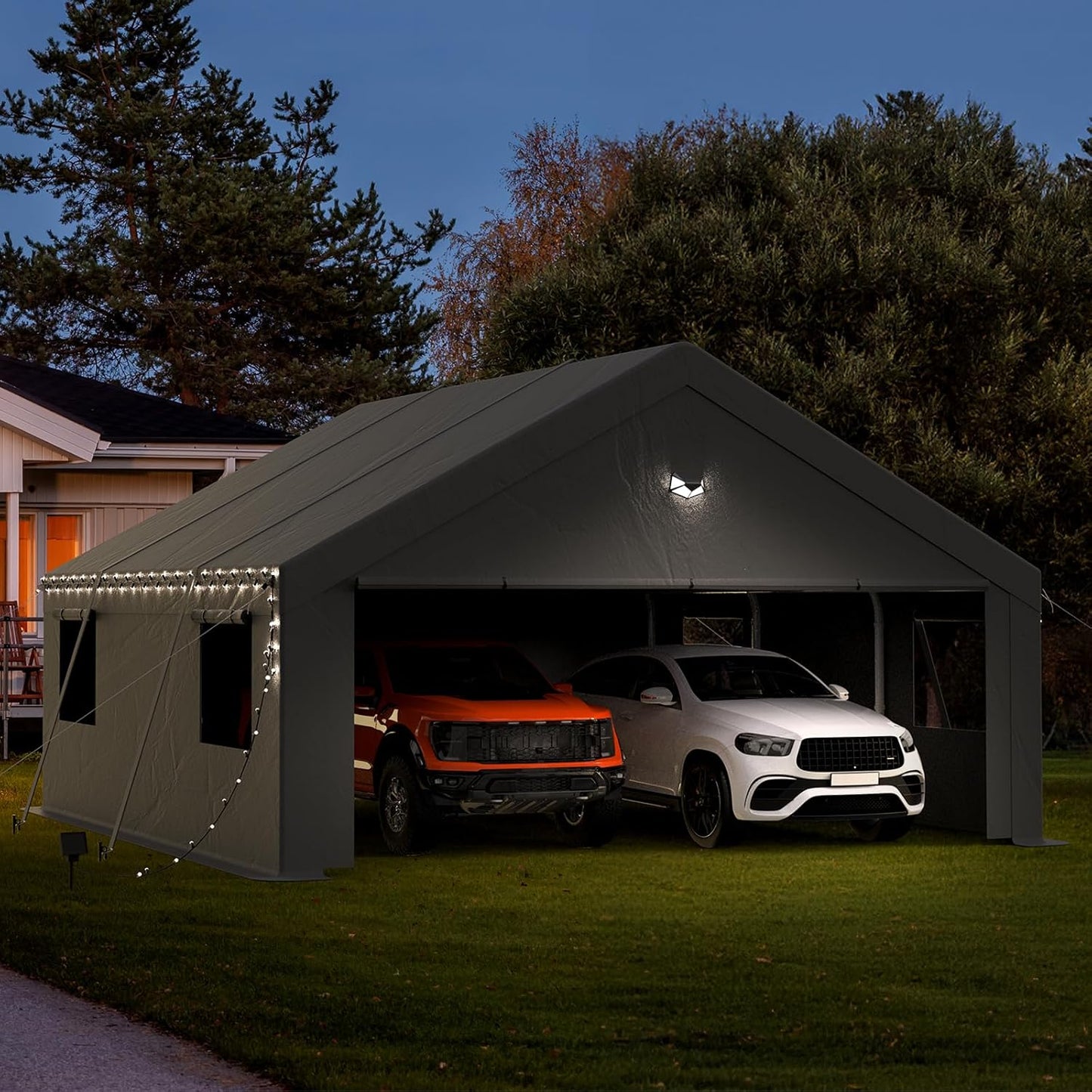 20x20 Carport Canopy, Heavy Duty Car Port, Portable Car Ports Garage with 2 Roll-Up Zipper Drive Through Doors, Grey
