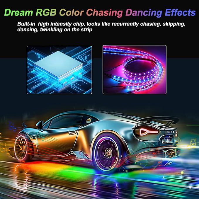 Kairiyard 4Pcs Underglow LED Lights for Cars with App Control, RGB Dream Colors Chasing Music Mode Waterproof Underglow kit for Car Truck