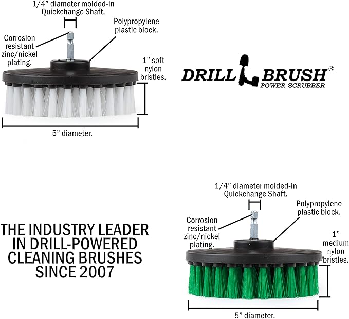 Household Cleaners - Drill Brush Soft White and Medium Green Combo Kit - Cleaning Supplies - Glass Cleaner - Scrub Brush - Leather, Shower Doors, Carpet, Fabric and Vinyl Seats - Kitchen Sink