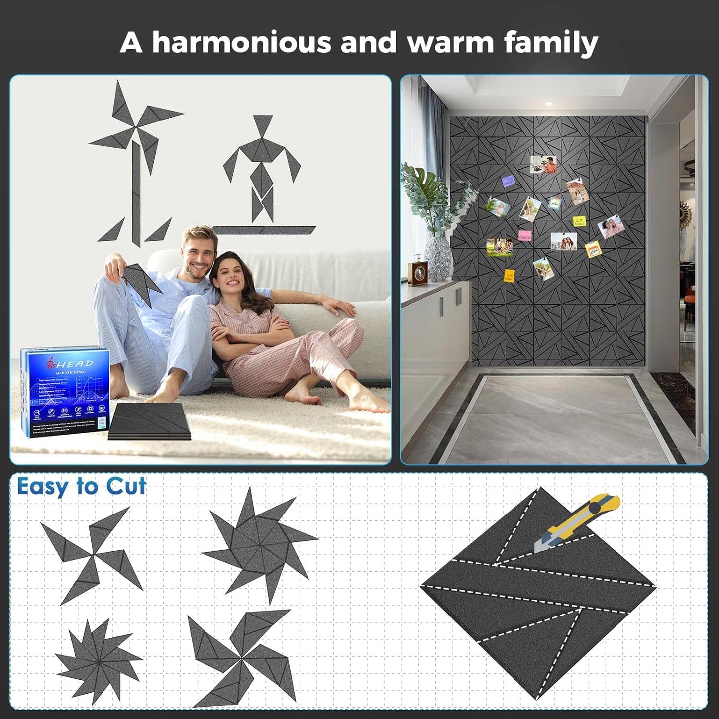 【10 Pack】 Acoustic Panels Self-Adhesive (0.4" Thick | 0.8lb/ft³ Medium Density) - 12x12 Soundproof Foam Tiles for Home Office/Wall Sound Absorption, Noise Reduction Panels Studio Use - Black