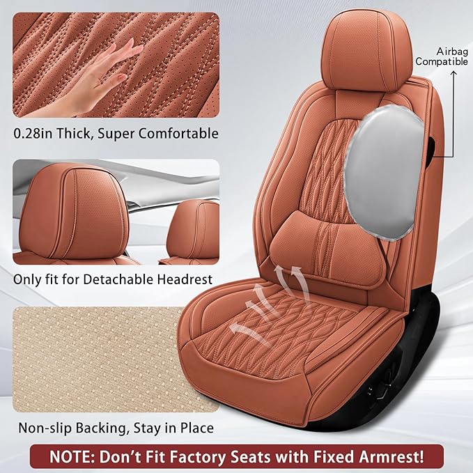 WELLDO Car Seat Covers Full Set, Leather Seat Covers for Car, Waterproof Car Seat Protector with Lumbar Support, Automotive Seat Covers Universal Fit for Most Cars SUV Truck, 2seats,Brown