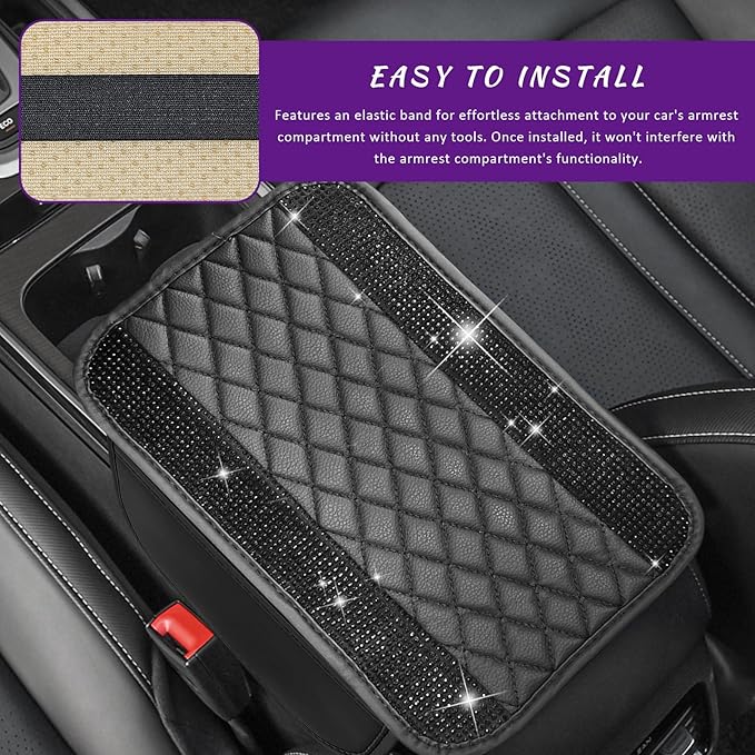 Sun Walker Bling Car Center Console Cover, Anti-Scratch Car Armrest Seat Box Cushion Pad with 2 Storage Bags, Leather Middle Console Protector Crystal Interior Accessories for Most Cars (Black)