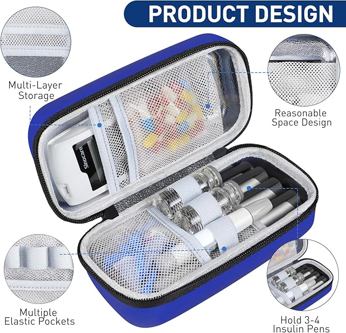 Insulin Cooler Travel Case, Portable EVA Medicine Travel Cooler, Diabetes Case with 2 Reusable Ice Packs TSA Approved for Diabetic Supplies Patent Pending(Blue-No Temp)