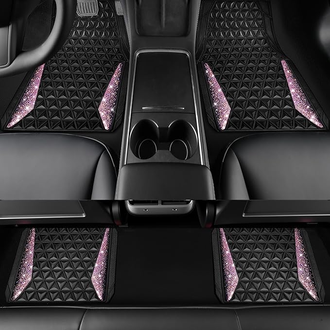 CAR PASS Bling Rubber Car Mats Diamond Floor Mats Full Set Anti-Slip 3D Rhombus Waterproof Universal Trim to Fit Liner Glitter Crystal Sparkly Shining Rhinestone Girl Women SUV Sedan Van, Black Pink
