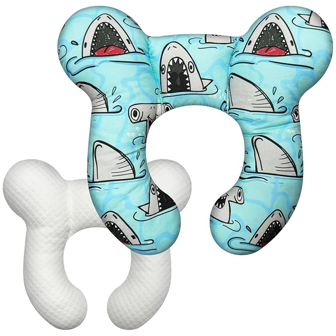 Baby Head Support Pillow for Newborn Toddler, Baby Neck Pillow Upgraded Comfortable Sleep Cushion for Car Plane Stroller Pushchair - Shark B