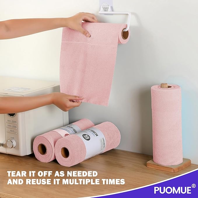 Puomue 55 Pack Microfiber Cleaning Cloth Roll, Tear Away Reusable Towels, 11" X 9", Ultra Absorbent & Lint Free Microfiber Cloth for Cleaning Cars, Kitchen, Window, Home and Shop (Pink, 9"X11"-55PK)