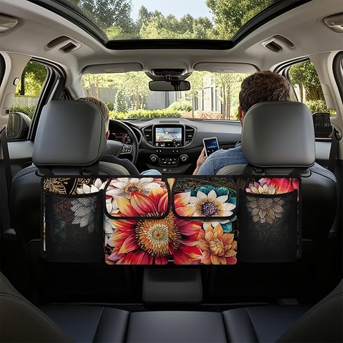 Mexican Dahlias Car Trunk Organizer Floral Flowers Car Back Seat Organizer with 4 Storage Bags,Car Accessories
