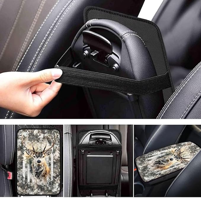 Deer Camo Hunting Print Armrest Cover Pad for Car American Flag Print Car Center Console Armrest Cushion Pad Universal Fit for Most Cars