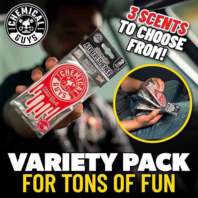 Chemical Guys Car Fresheners, Hanging Air Fresheners, Variety Scent Pack 12 Pack - for Cars, Home, Garage, Workspace, Dorm Room & More (4 x 3 Packs, Black Frost, Cherry, Pina Colada)