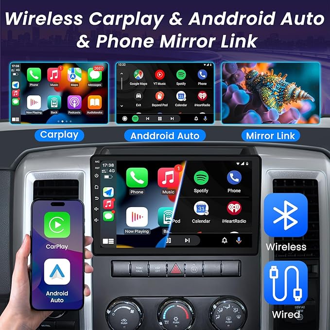 8Core+4GB RAM Android 13 Car Radio for Dodge RAM 1500 2500 3500 2009-2012: 1280 * 800 IPS Touchscreen Car Stereo Replacement with Wireless CarPlay Android Auto HD Backup Camera Bluetooth GPS FM RDS